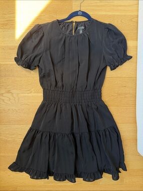 Aqua Black Smocked-Waist Short Sleeve Dress